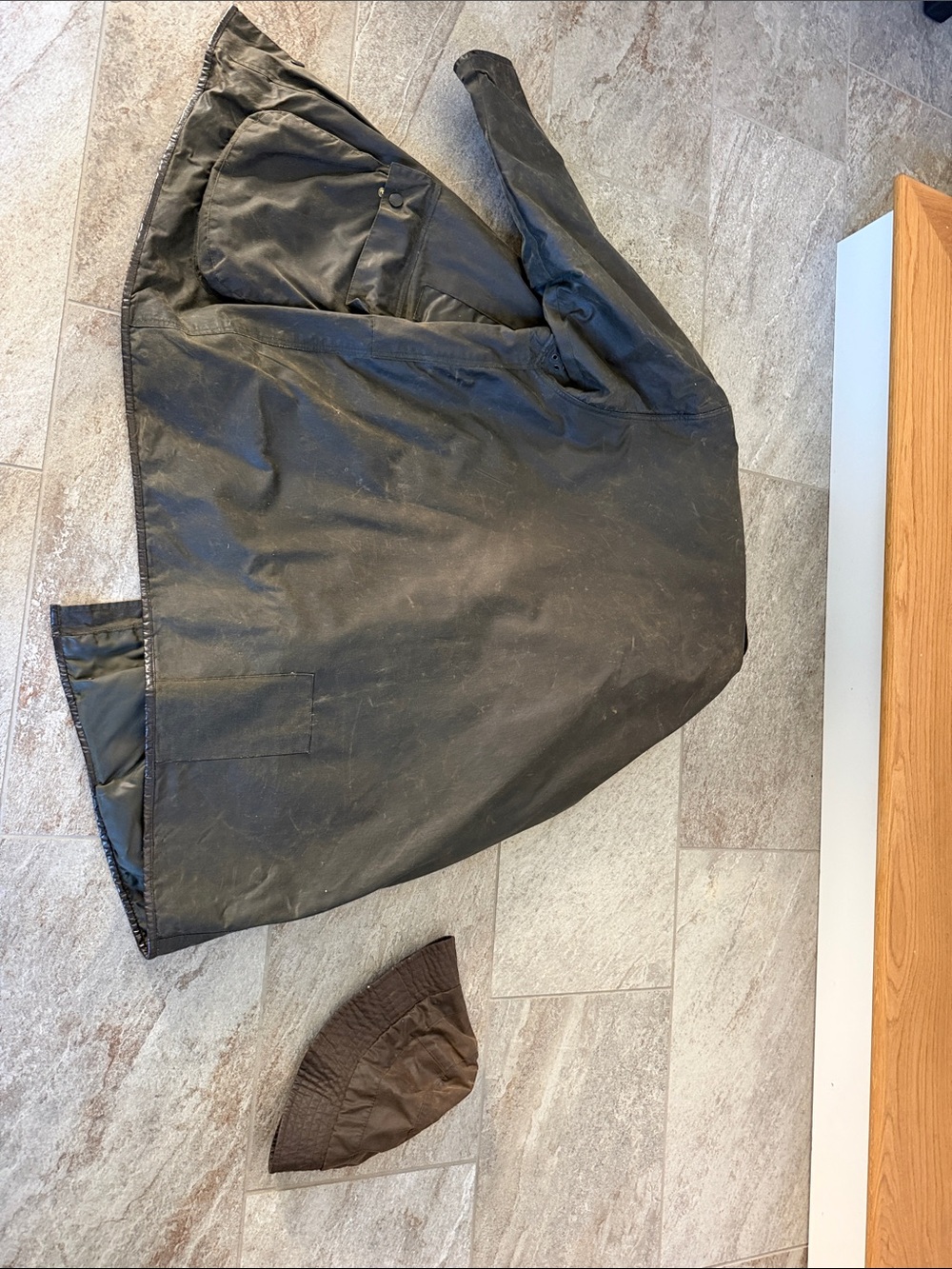 Barbour Dark Olive Waxed Cotton Field Jacket with Brown Cord Collar and Hat - Picture 13 of 16